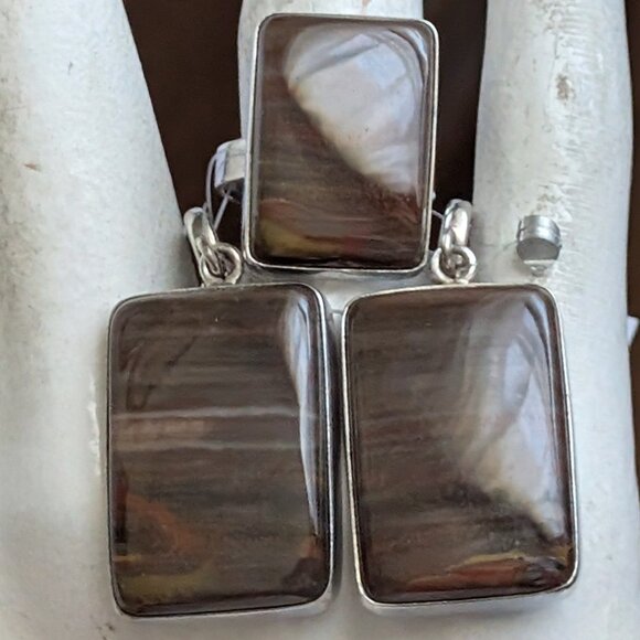 NWT Russian Russia Sterling Silver 925 Brown Petrified Wood Earrings & Ring Set - Picture 1 of 16